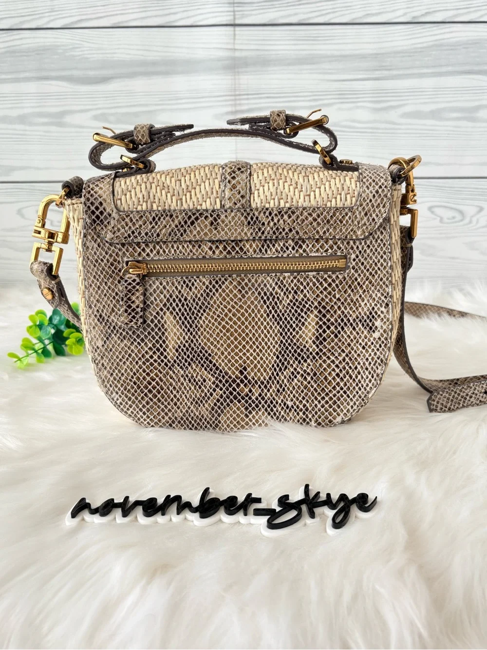 Tory Burch 797 Medium‎ Natural Raffia Snakeskin Print Flap Satchel Shoulder Bag.